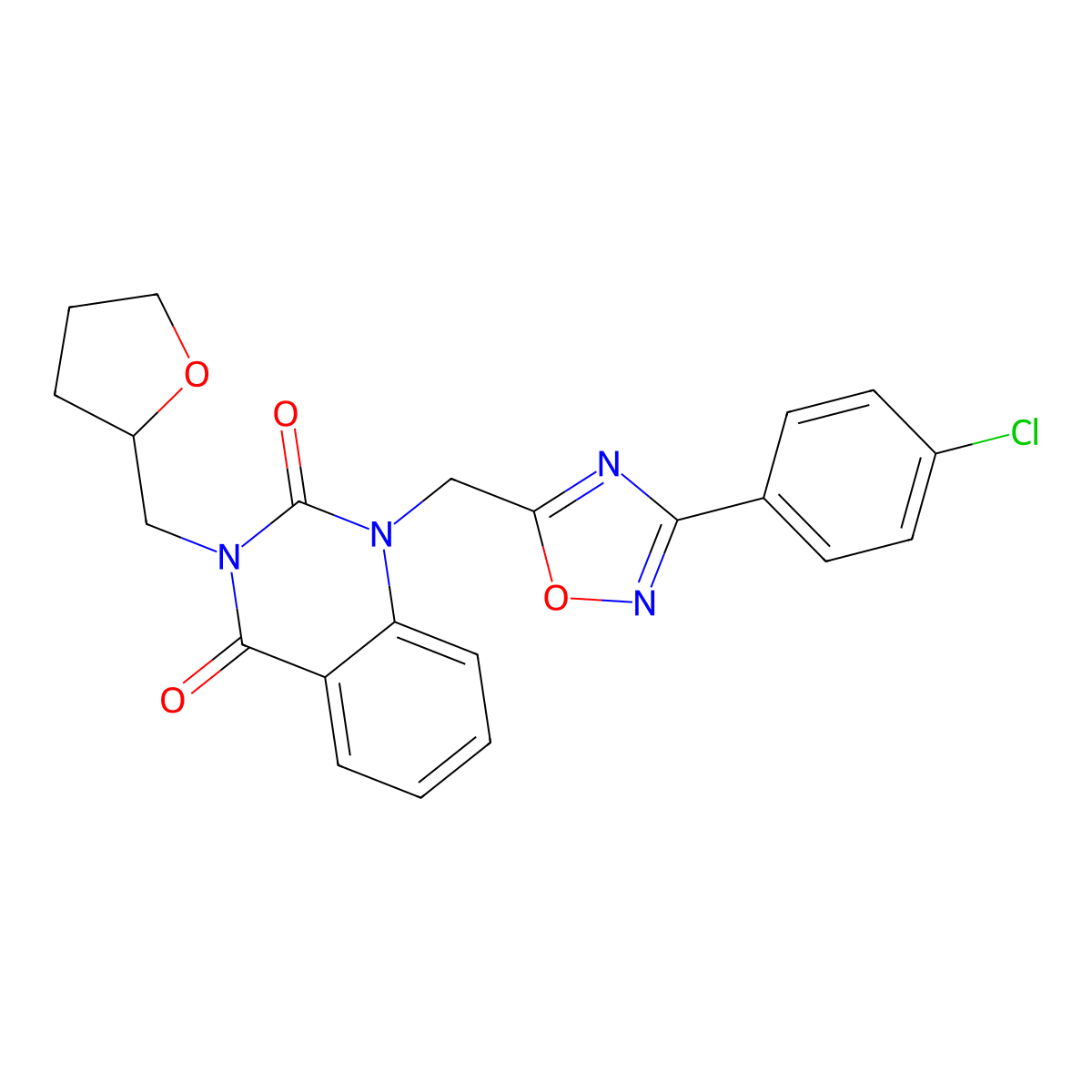1-((3-(4-chlorophenyl)-1,2,4-oxadiazol-5-yl)methyl)-3-((tetrahydrofuran-2-yl)methyl)quinazoline-2,4(1H,3H)-dione molecular structure, CAS 1105240-61-6