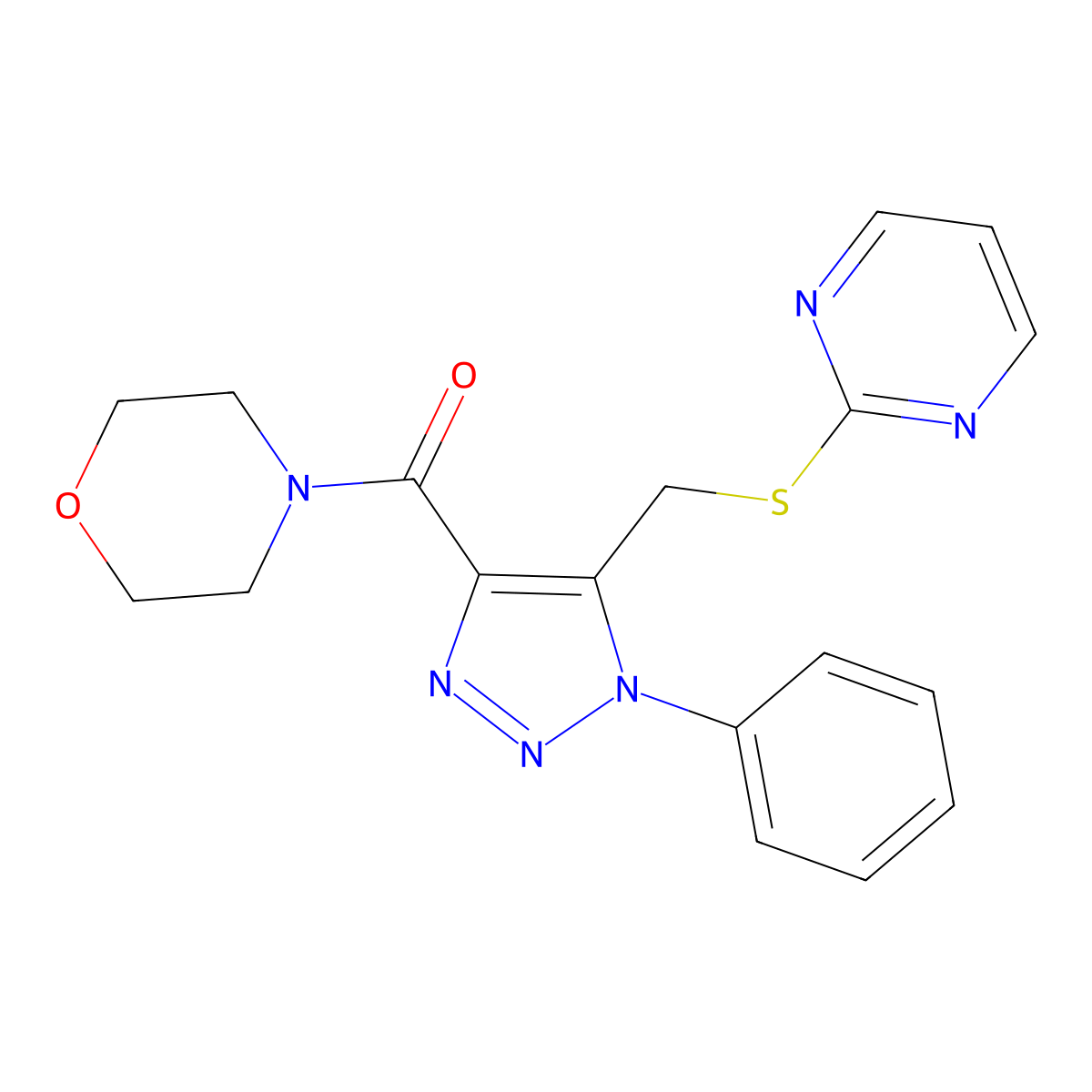 morpholino(1-phenyl-5-((pyrimidin-2-ylthio)methyl)-1H-1,2,3-triazol-4-yl)methanone molecular structure, CAS 1105241-89-1