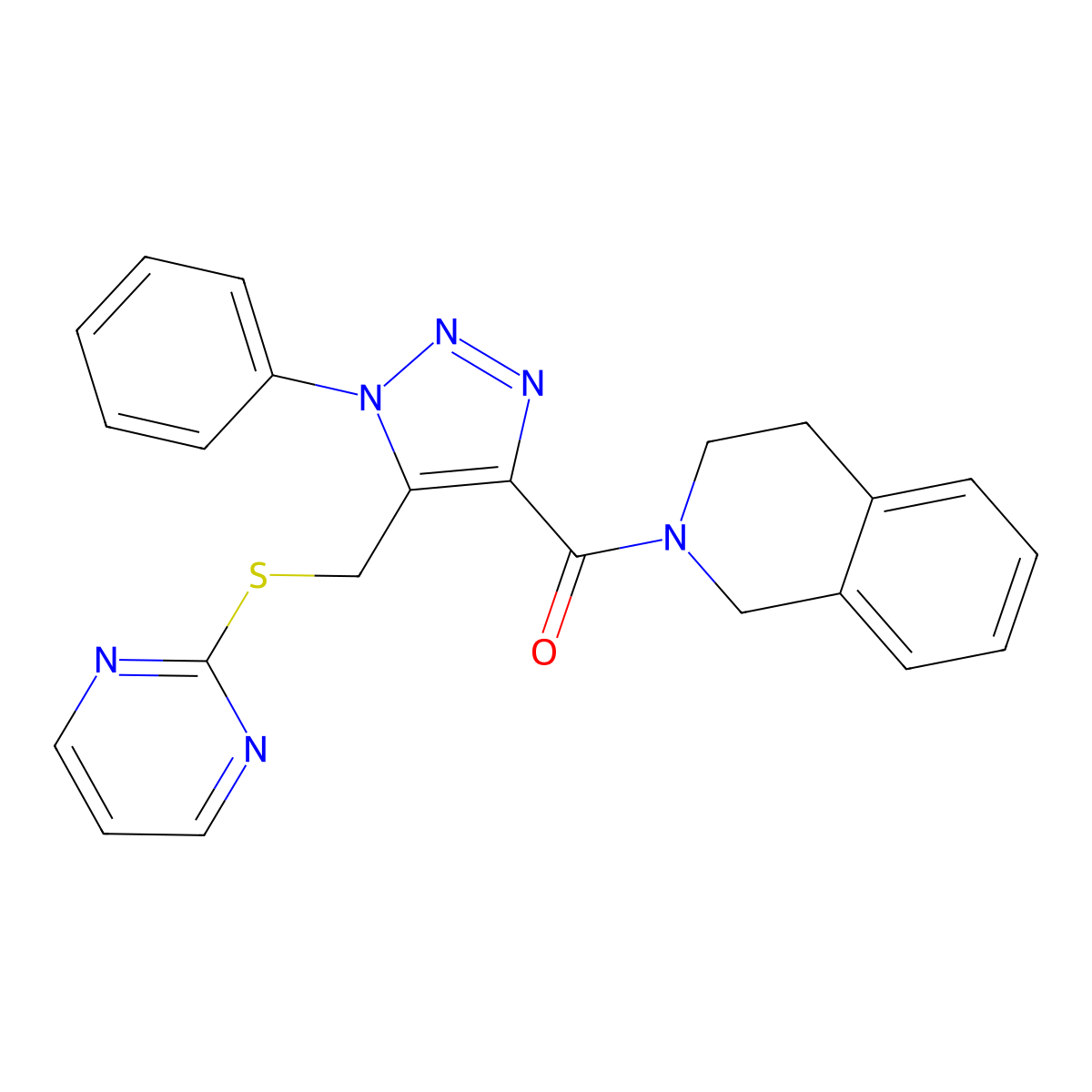 (3,4-dihydroisoquinolin-2(1H)-yl)(1-phenyl-5-((pyrimidin-2-ylthio)methyl)-1H-1,2,3-triazol-4-yl)methanone molecular structure, CAS 1105241-97-1