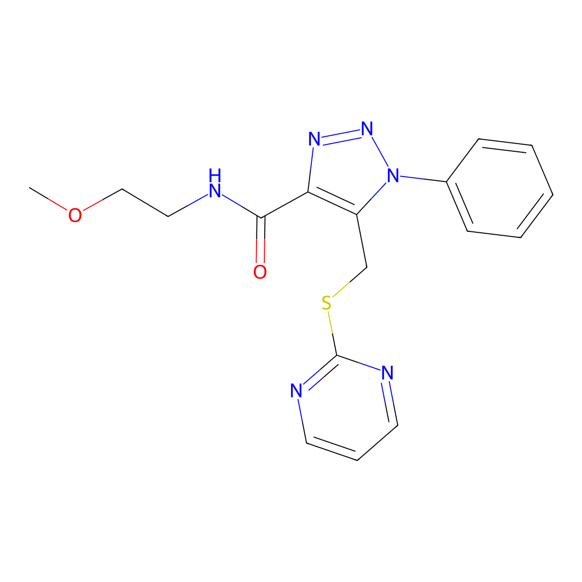 N-(2-methoxyethyl)-1-phenyl-5-((pyrimidin-2-ylthio)methyl)-1H-1,2,3-triazole-4-carboxamide molecular structure, CAS 1105242-01-0