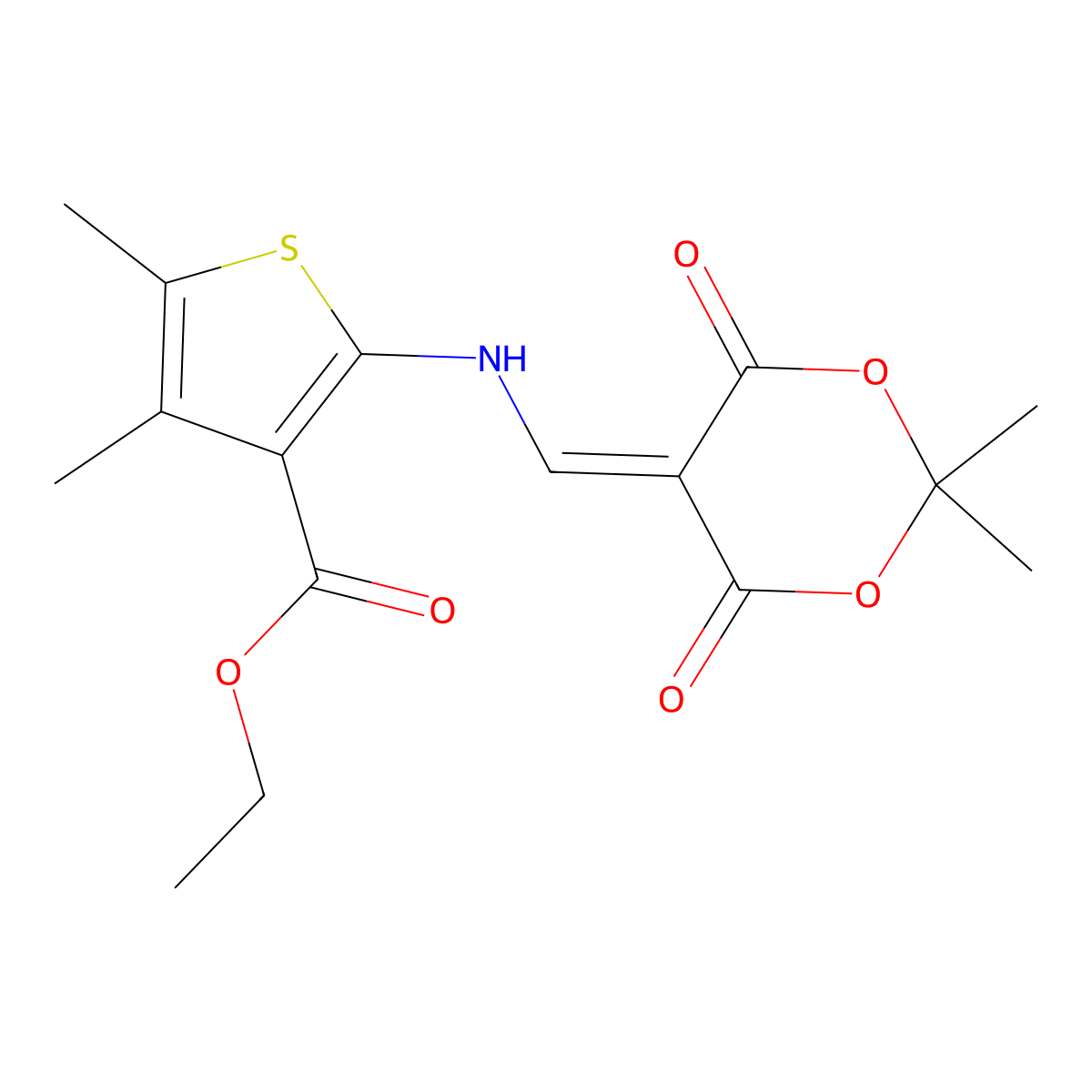Ethyl 2-{[(2,2-dimethyl-4,6-dioxo-1,3-dioxan-5-ylidene)methyl]amino}-4,5-dimethylthiophene-3-carboxylate molecular structure, CAS 1105242-12-3