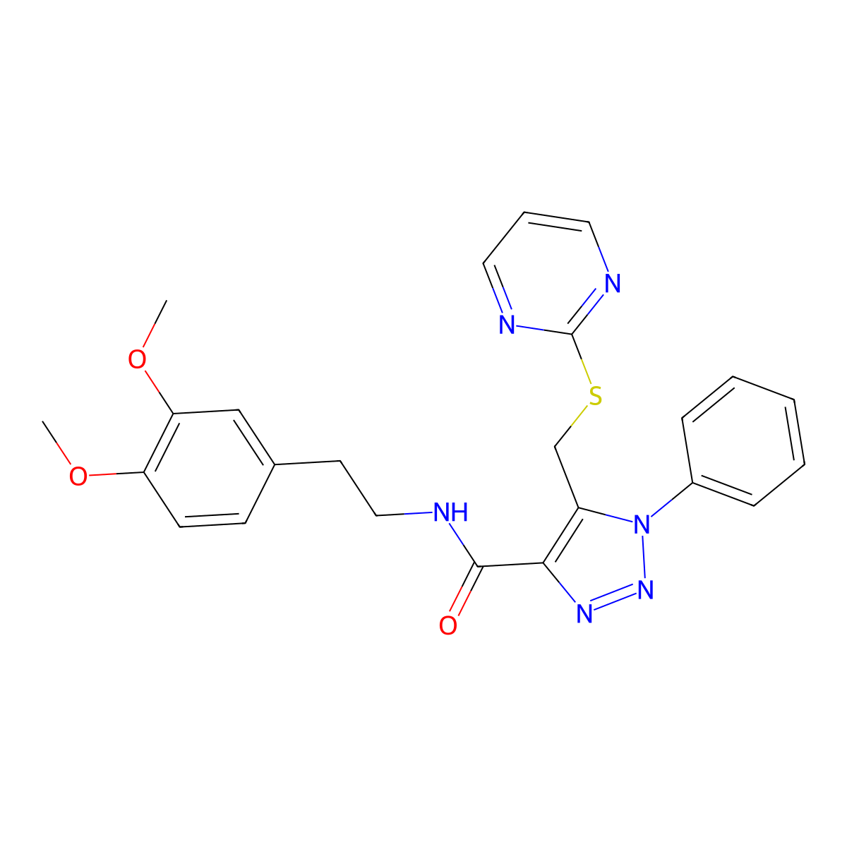N-(3,4-dimethoxyphenethyl)-1-phenyl-5-((pyrimidin-2-ylthio)methyl)-1H-1,2,3-triazole-4-carboxamide molecular structure, CAS 1105242-13-4