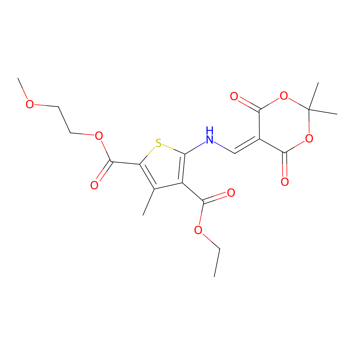 4-Ethyl 2-(2-methoxyethyl) 5-{[(2,2-dimethyl-4,6-dioxo-1,3-dioxan-5-ylidene)methyl]amino}-3-methylthiophene-2,4-dicarboxylate molecular structure, CAS 1105242-16-7