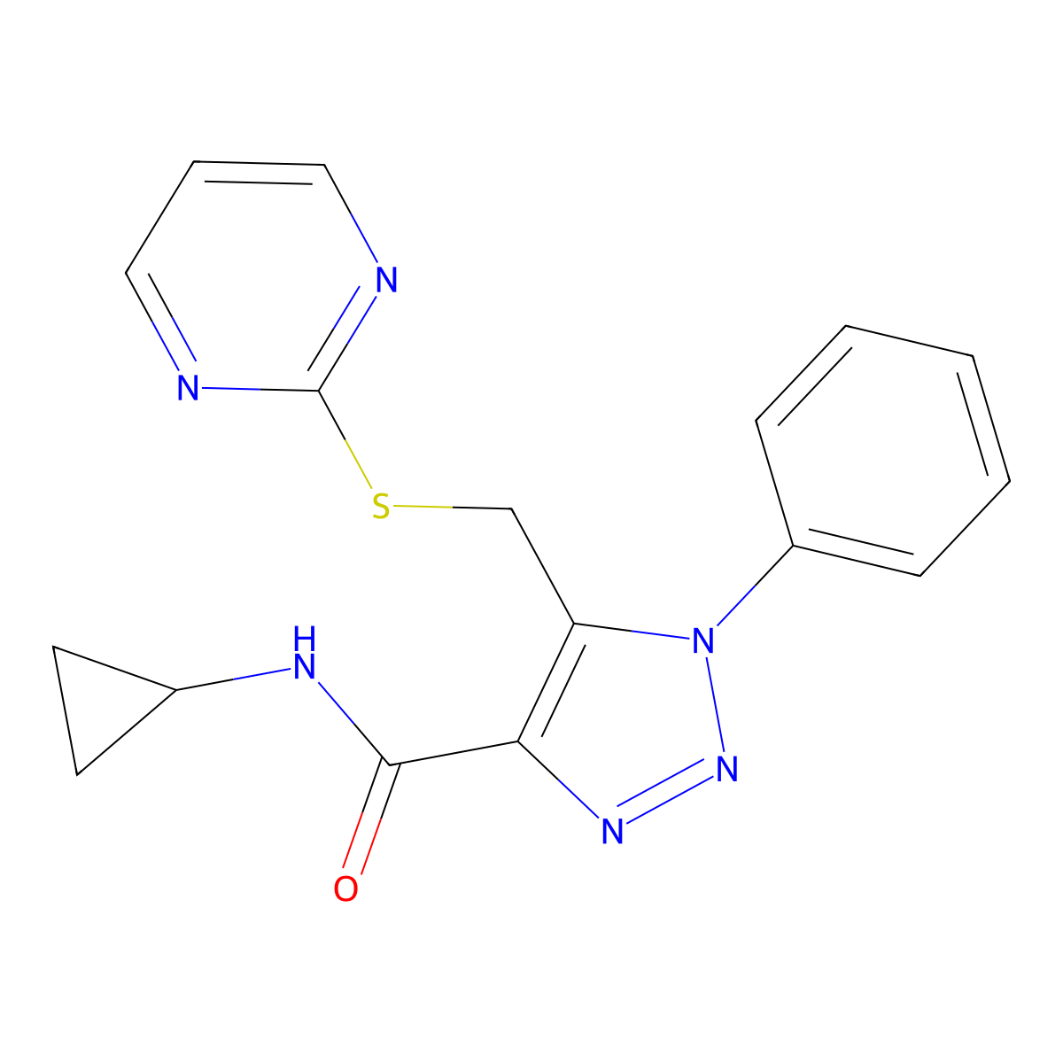 N-cyclopropyl-1-phenyl-5-((pyrimidin-2-ylthio)methyl)-1H-1,2,3-triazole-4-carboxamide molecular structure, CAS 1105242-17-8