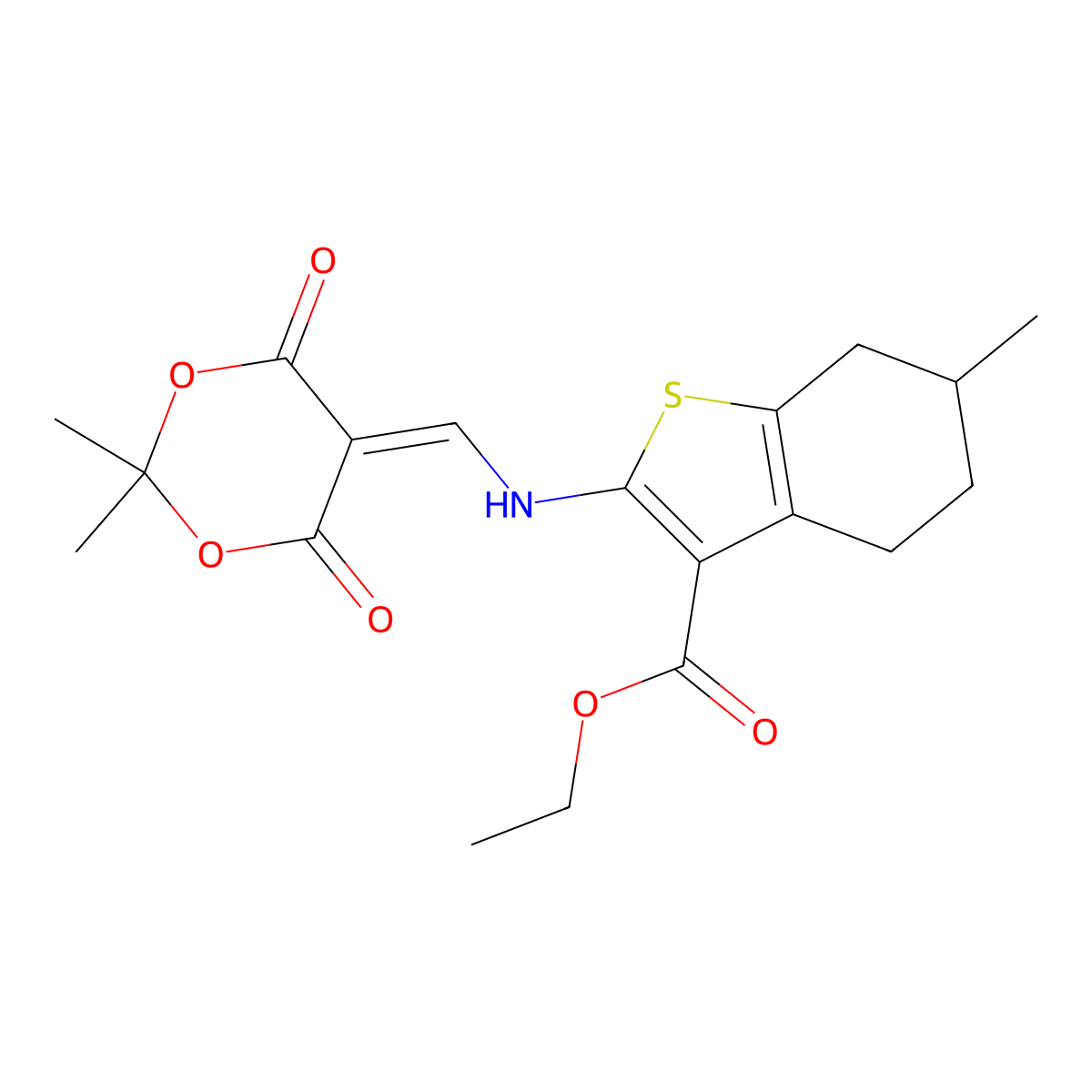 Ethyl 2-(((2,2-dimethyl-4,6-dioxo-1,3-dioxan-5-ylidene)methyl)amino)-6-methyl-4,5,6,7-tetrahydrobenzo[b]thiophene-3-carboxylate molecular structure, CAS 1105242-20-3