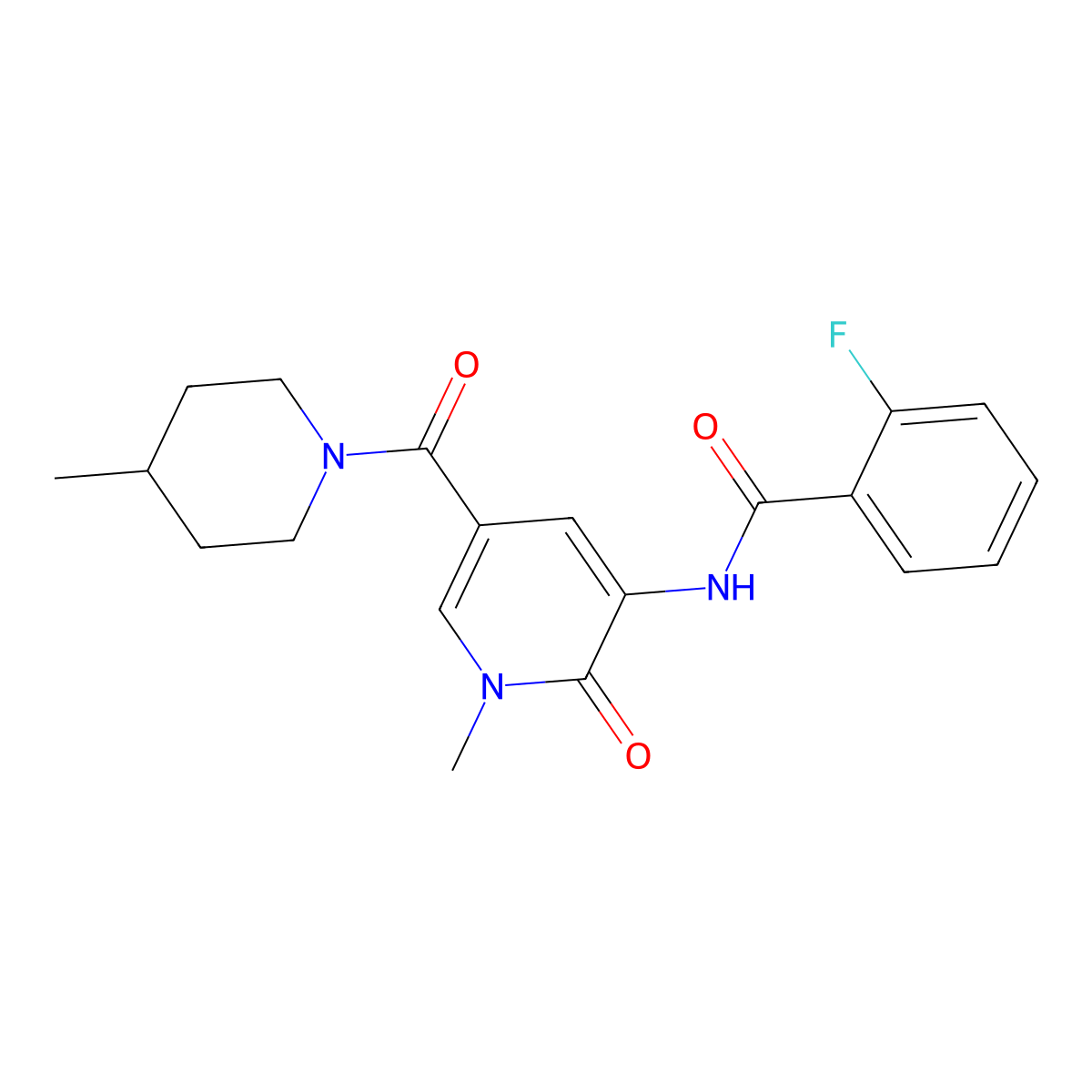 2-fluoro-N-(1-methyl-5-(4-methylpiperidine-1-carbonyl)-2-oxo-1,2-dihydropyridin-3-yl)benzamide molecular structure, CAS 1105242-29-2