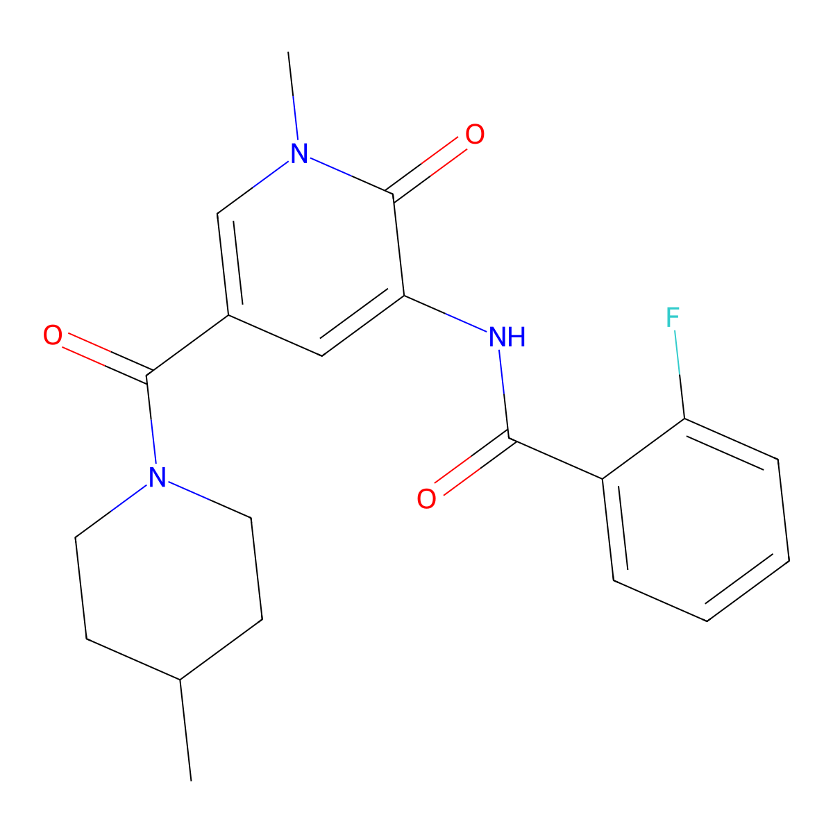 2-fluoro-N-(1-methyl-5-(4-methylpiperidine-1-carbonyl)-2-oxo-1,2-dihydropyridin-3-yl)benzamide molecular structure, CAS 1105242-29-2