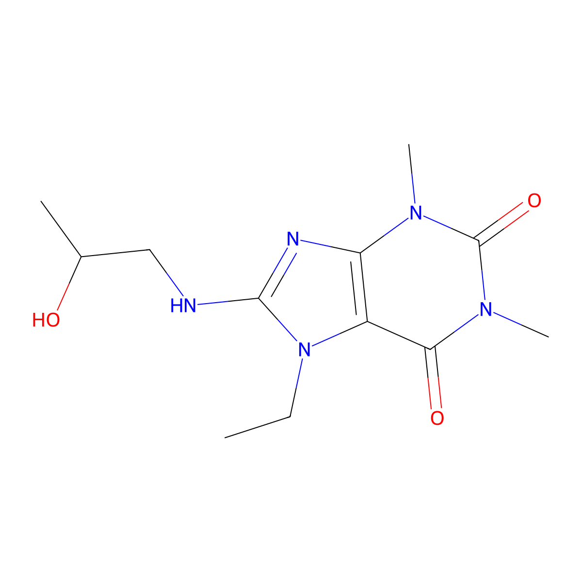 7-ethyl-8-((2-hydroxypropyl)amino)-1,3-dimethyl-1H-purine-2,6(3H,7H)-dione molecular structure, CAS 1105244-08-3
