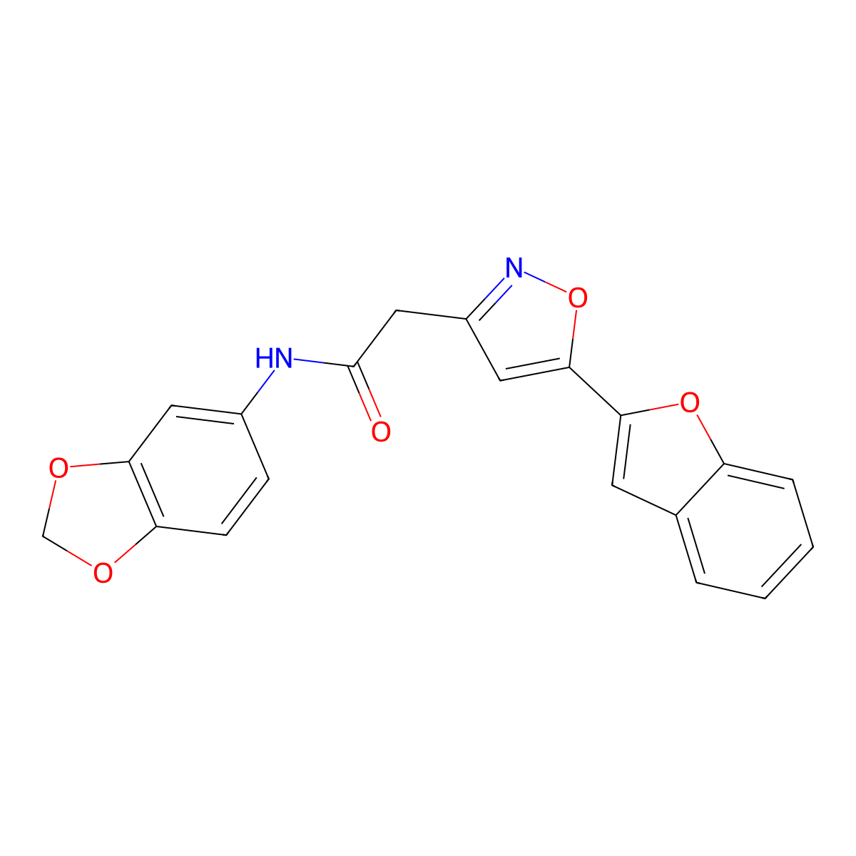 N-(benzo[d][1,3]dioxol-5-yl)-2-(5-(benzofuran-2-yl)isoxazol-3-yl)acetamide molecular structure, CAS 1105244-15-2