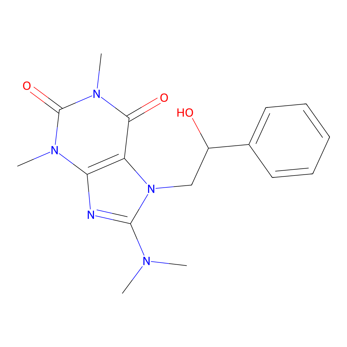 8-(dimethylamino)-7-(2-hydroxy-2-phenylethyl)-1,3-dimethyl-1H-purine-2,6(3H,7H)-dione molecular structure, CAS 1105244-38-9