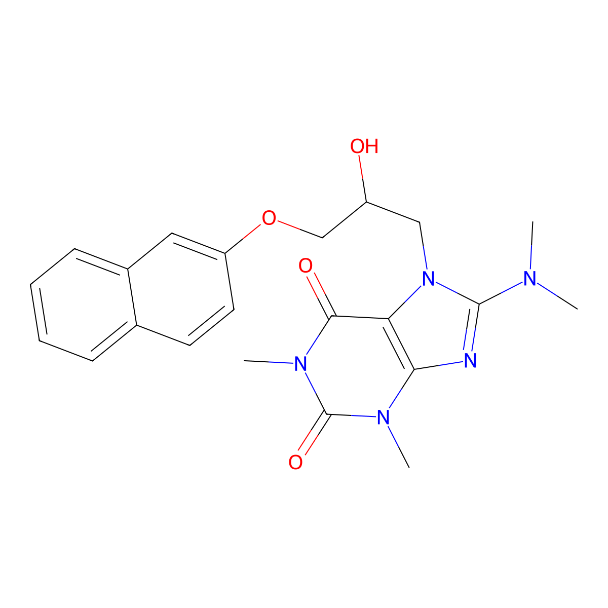 8-(dimethylamino)-7-(2-hydroxy-3-(naphthalen-2-yloxy)propyl)-1,3-dimethyl-1H-purine-2,6(3H,7H)-dione molecular structure, CAS 1105244-47-0