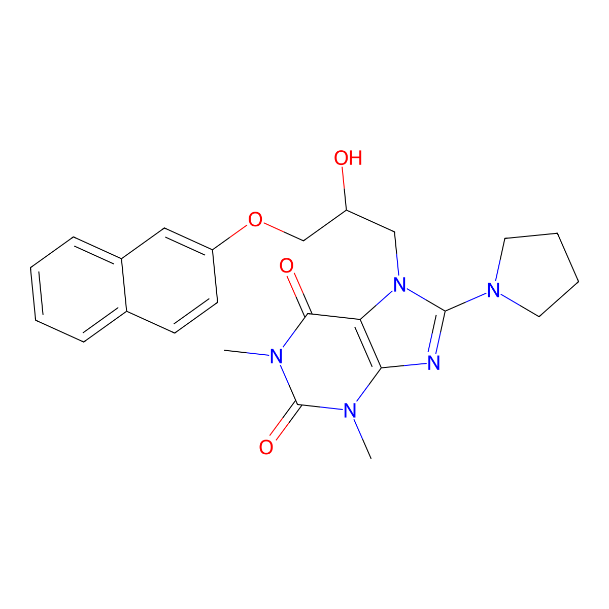 7-(2-hydroxy-3-(naphthalen-2-yloxy)propyl)-1,3-dimethyl-8-(pyrrolidin-1-yl)-1H-purine-2,6(3H,7H)-dione molecular structure, CAS 1105244-53-8