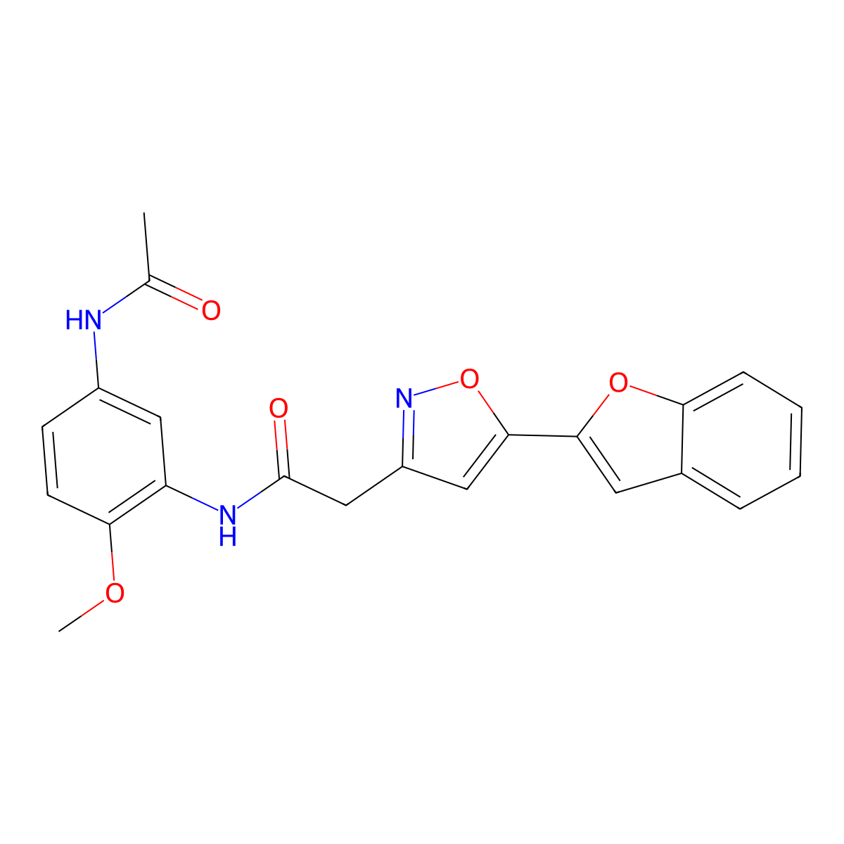 N-(5-acetamido-2-methoxyphenyl)-2-(5-(benzofuran-2-yl)isoxazol-3-yl)acetamide molecular structure, CAS 1105244-55-0