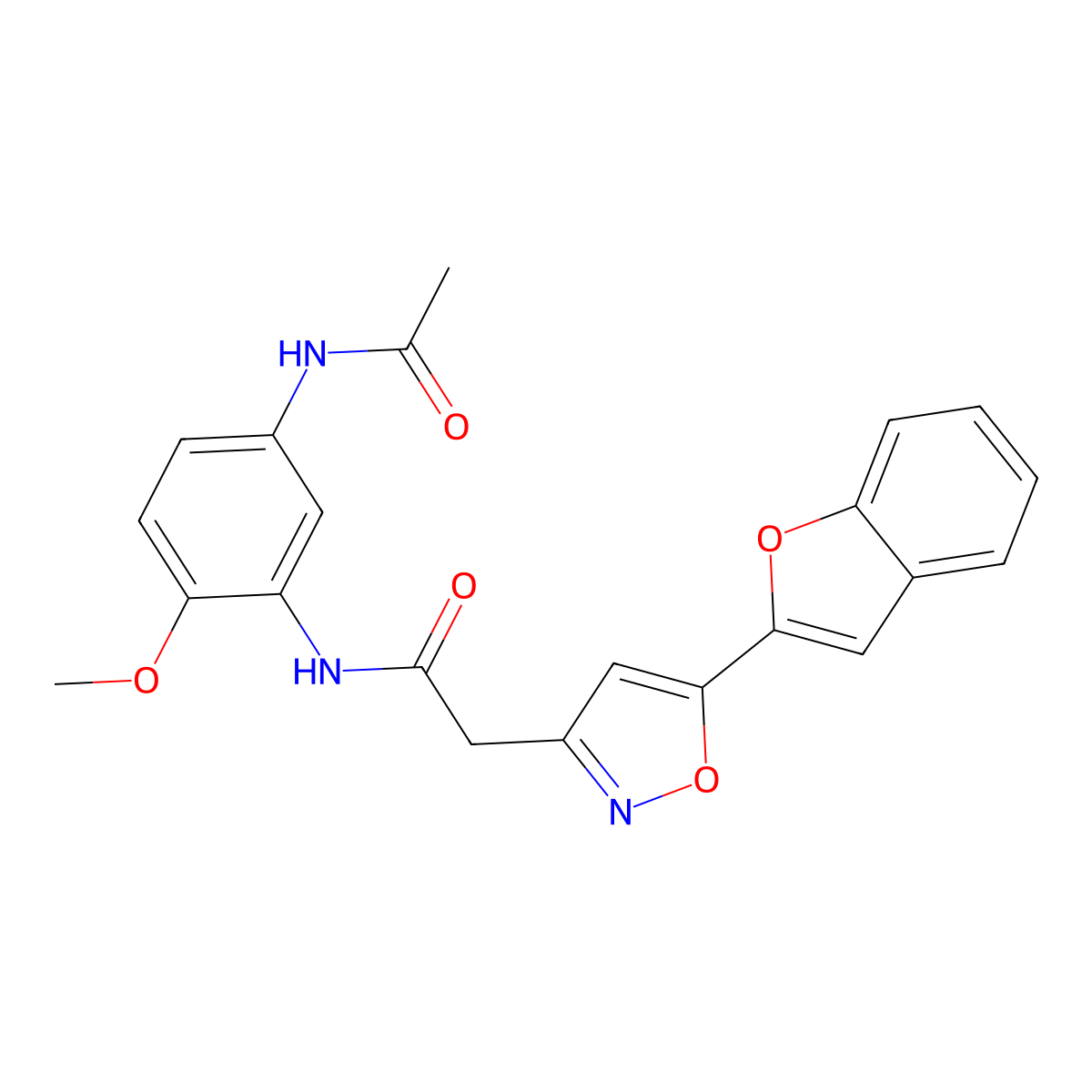 N-(5-acetamido-2-methoxyphenyl)-2-(5-(benzofuran-2-yl)isoxazol-3-yl)acetamide molecular structure, CAS 1105244-55-0