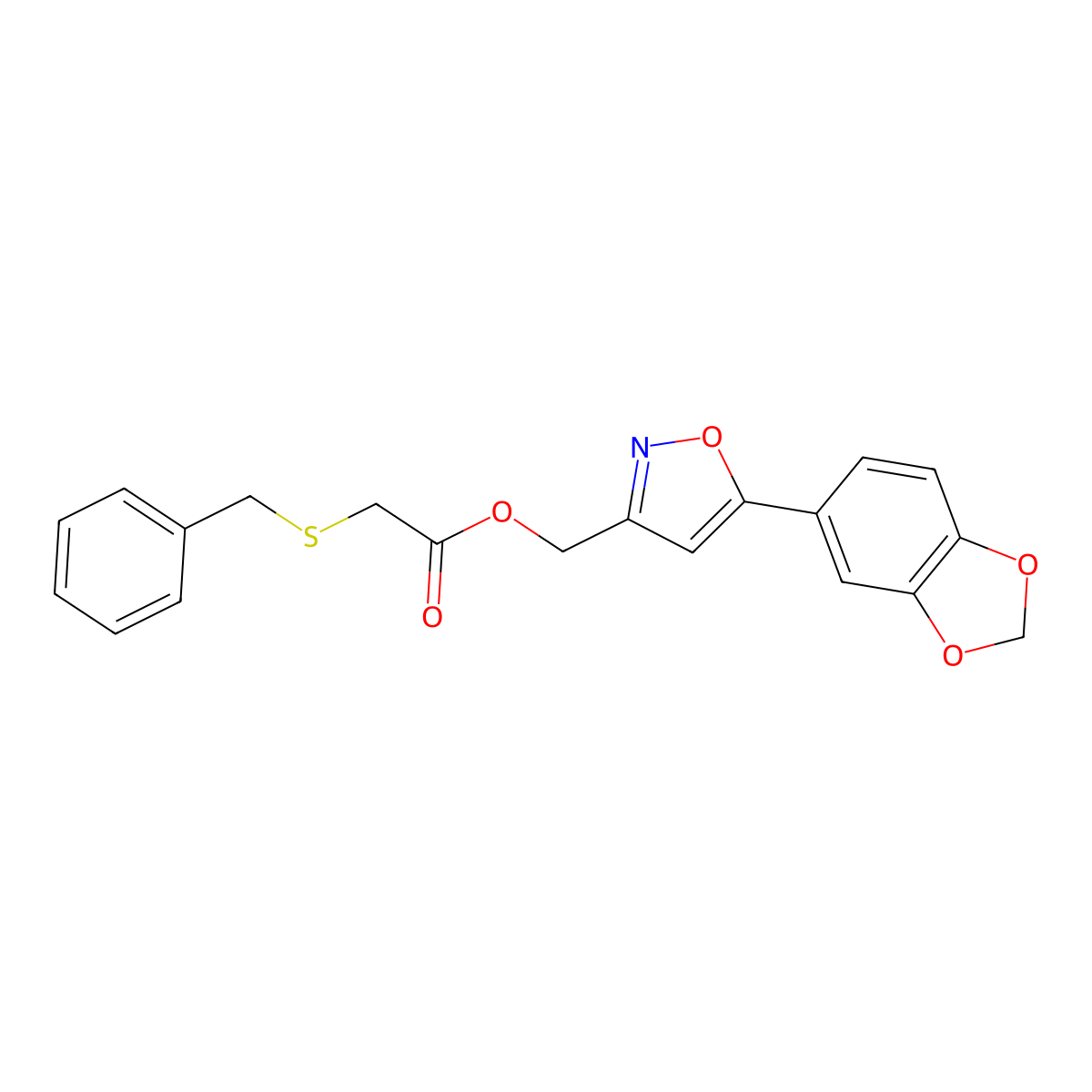 (5-(Benzo[d][1,3]dioxol-5-yl)isoxazol-3-yl)methyl 2-(benzylthio)acetate molecular structure, CAS 1105244-57-2