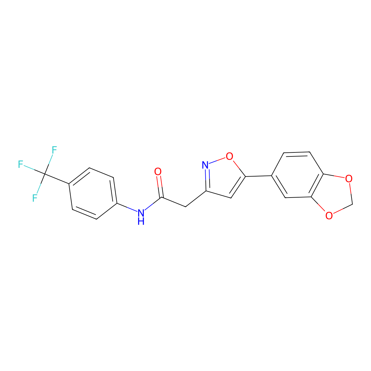 2-(5-(benzo[d][1,3]dioxol-5-yl)isoxazol-3-yl)-N-(4-(trifluoromethyl)phenyl)acetamide molecular structure, CAS 1105244-76-5