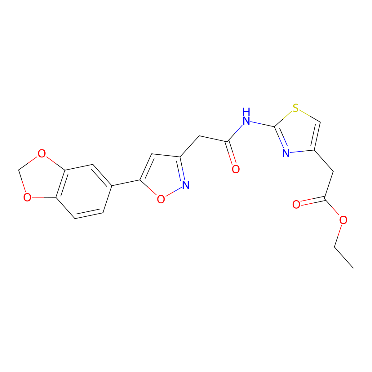 Ethyl 2-(2-(2-(5-(benzo[d][1,3]dioxol-5-yl)isoxazol-3-yl)acetamido)thiazol-4-yl)acetate molecular structure, CAS 1105244-89-0