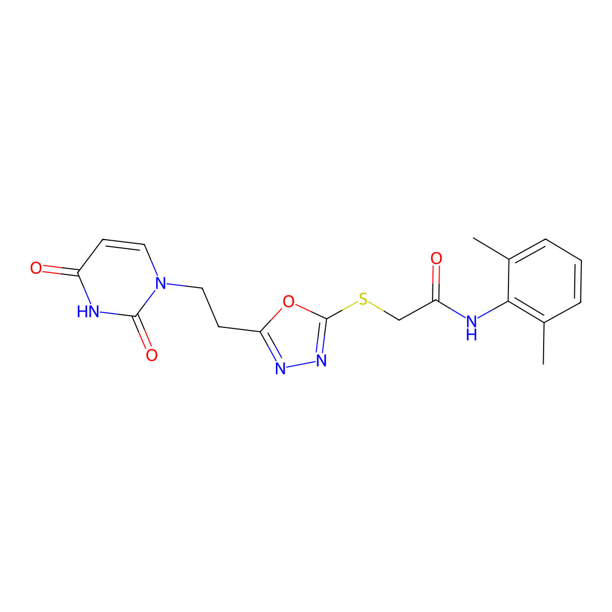 N-(2,6-dimethylphenyl)-2-((5-(2-(2,4-dioxo-3,4-dihydropyrimidin-1(2H)-yl)ethyl)-1,3,4-oxadiazol-2-yl)thio)acetamide molecular structure, CAS 1105244-99-2