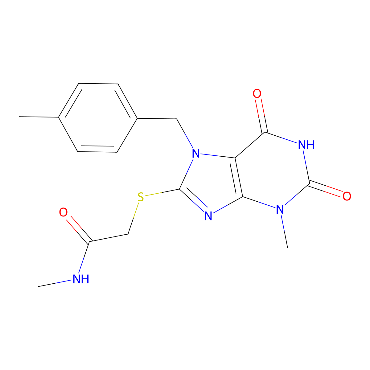 N-methyl-2-((3-methyl-7-(4-methylbenzyl)-2,6-dioxo-2,3,6,7-tetrahydro-1H-purin-8-yl)thio)acetamide molecular structure, CAS 1105245-22-4