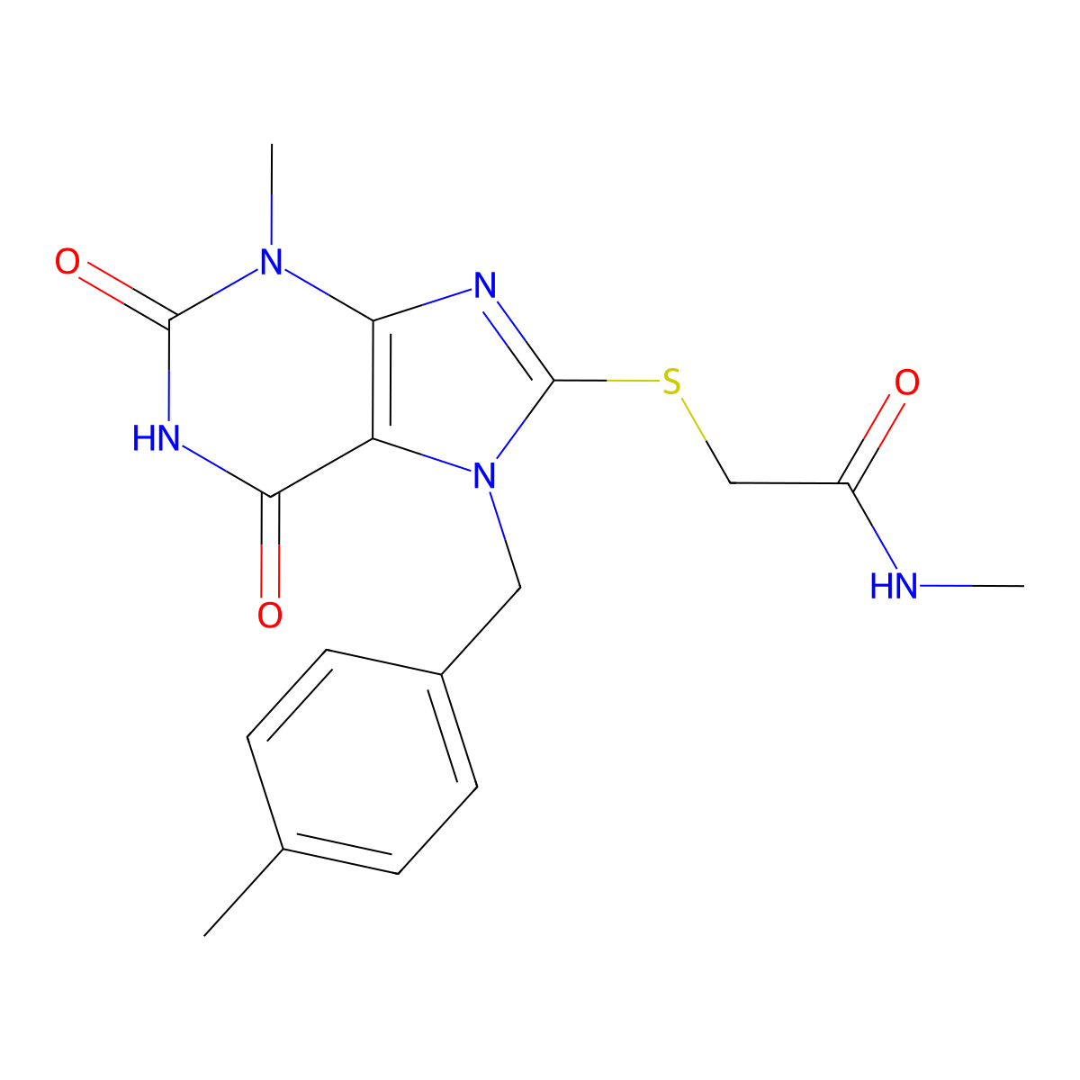 N-methyl-2-((3-methyl-7-(4-methylbenzyl)-2,6-dioxo-2,3,6,7-tetrahydro-1H-purin-8-yl)thio)acetamide molecular structure, CAS 1105245-22-4