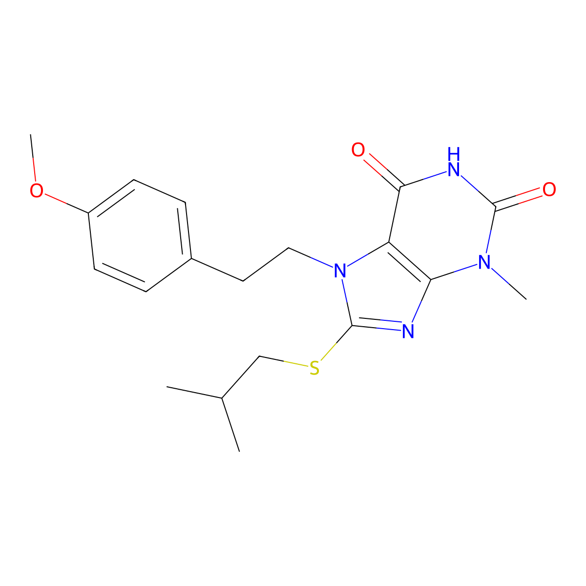 8-(isobutylthio)-7-(4-methoxyphenethyl)-3-methyl-1H-purine-2,6(3H,7H)-dione molecular structure, CAS 1105245-30-4