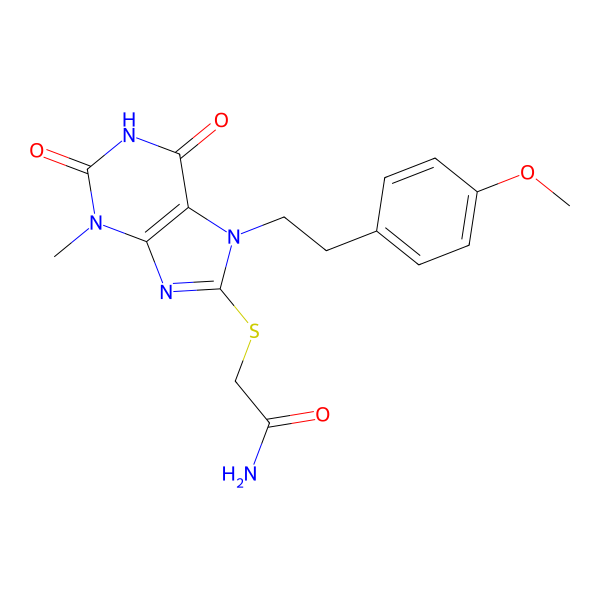 2-((7-(4-methoxyphenethyl)-3-methyl-2,6-dioxo-2,3,6,7-tetrahydro-1H-purin-8-yl)thio)acetamide molecular structure, CAS 1105245-34-8