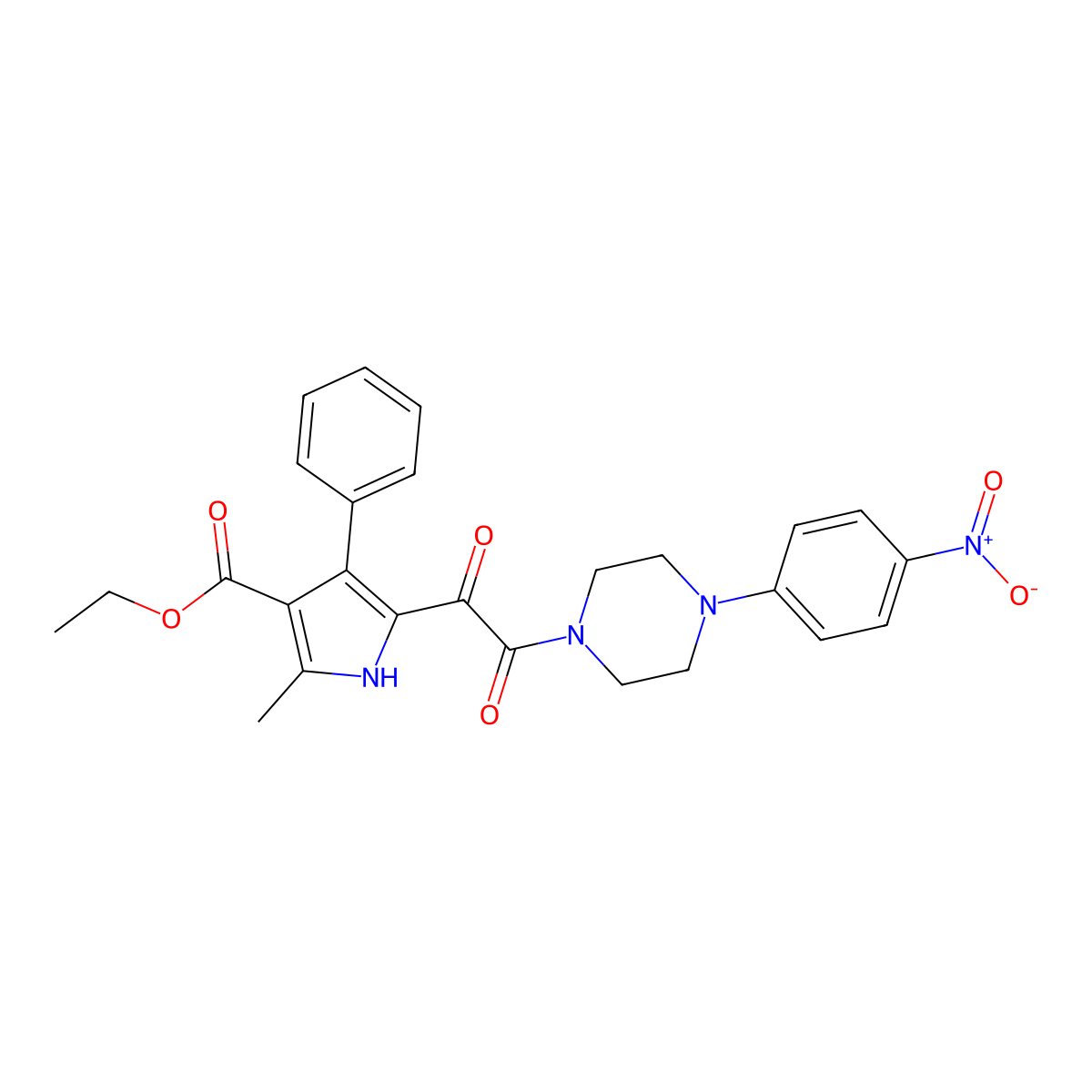 ethyl 2-methyl-5-(2-(4-(4-nitrophenyl)piperazin-1-yl)-2-oxoacetyl)-4-phenyl-1H-pyrrole-3-carboxylate molecular structure, CAS 1105245-41-7