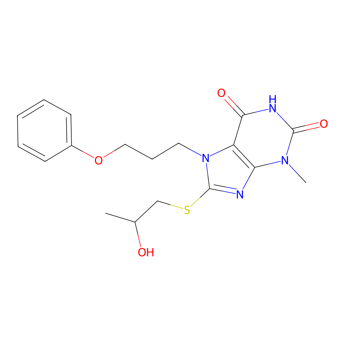 8-[(2-hydroxypropyl)sulfanyl]-3-methyl-7-(3-phenoxypropyl)-2,3,6,7-tetrahydro-1H-purine-2,6-dione molecular structure, CAS 1105245-42-8