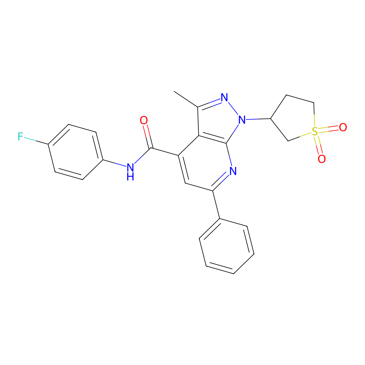 1-(1,1-dioxidotetrahydrothiophen-3-yl)-N-(4-fluorophenyl)-3-methyl-6-phenyl-1H-pyrazolo[3,4-b]pyridine-4-carboxamide molecular structure, CAS 1105245-43-9