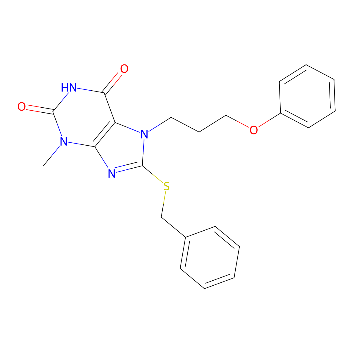 8-(benzylthio)-3-methyl-7-(3-phenoxypropyl)-1H-purine-2,6(3H,7H)-dione molecular structure, CAS 1105245-46-2