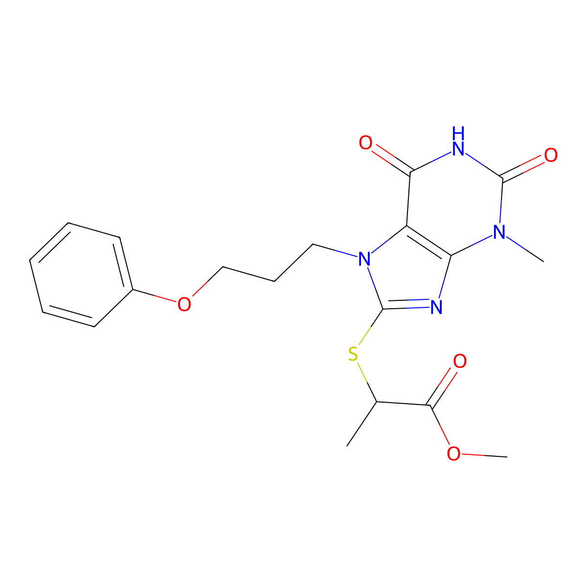 methyl 2-((3-methyl-2,6-dioxo-7-(3-phenoxypropyl)-2,3,6,7-tetrahydro-1H-purin-8-yl)thio)propanoate molecular structure, CAS 1105245-50-8