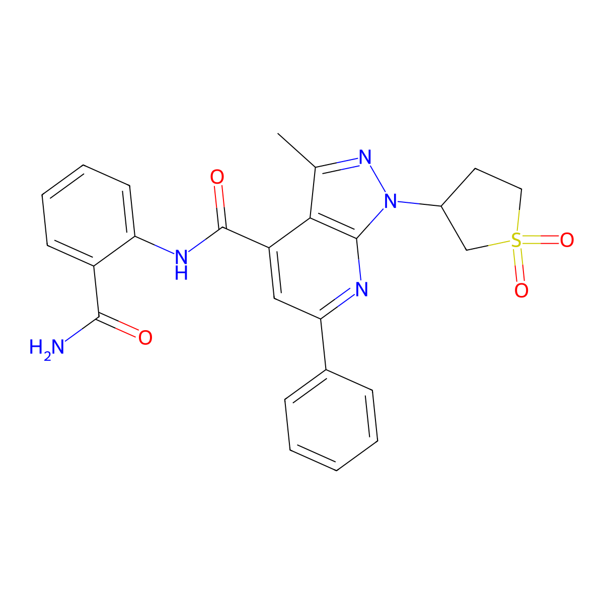 N-(2-carbamoylphenyl)-1-(1,1-dioxidotetrahydrothiophen-3-yl)-3-methyl-6-phenyl-1H-pyrazolo[3,4-b]pyridine-4-carboxamide molecular structure, CAS 1105245-51-9