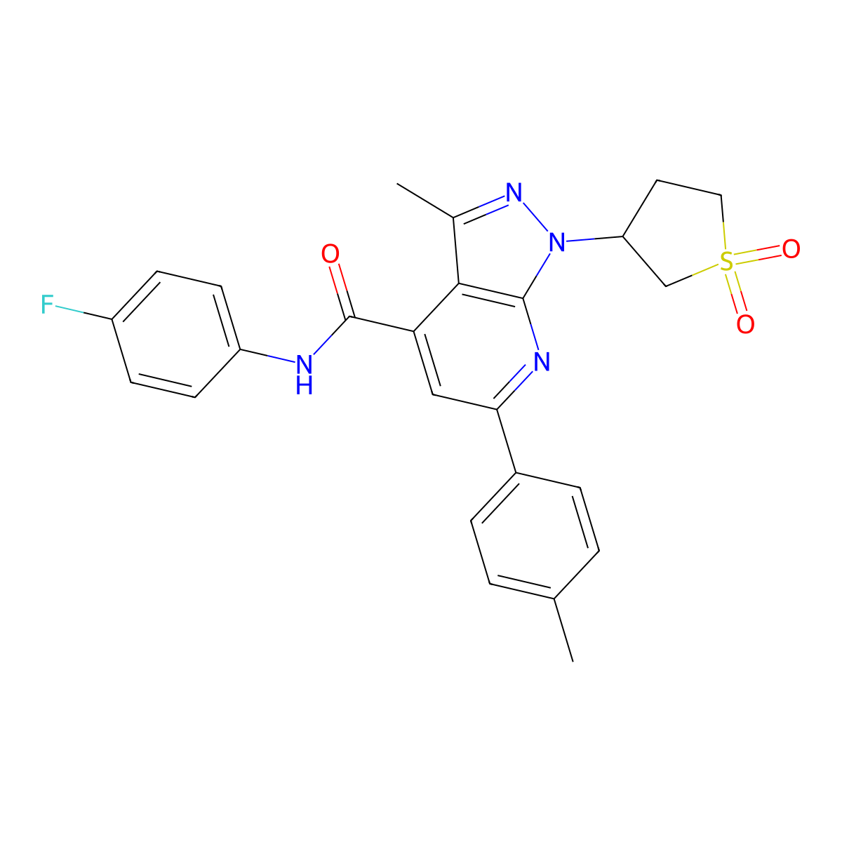 1-(1,1-dioxidotetrahydrothiophen-3-yl)-N-(4-fluorophenyl)-3-methyl-6-(p-tolyl)-1H-pyrazolo[3,4-b]pyridine-4-carboxamide molecular structure, CAS 1105245-59-7