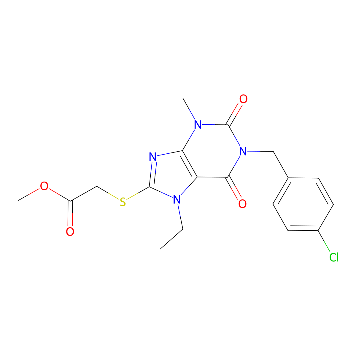 methyl 2-((1-(4-chlorobenzyl)-7-ethyl-3-methyl-2,6-dioxo-2,3,6,7-tetrahydro-1H-purin-8-yl)thio)acetate molecular structure, CAS 1105245-70-2