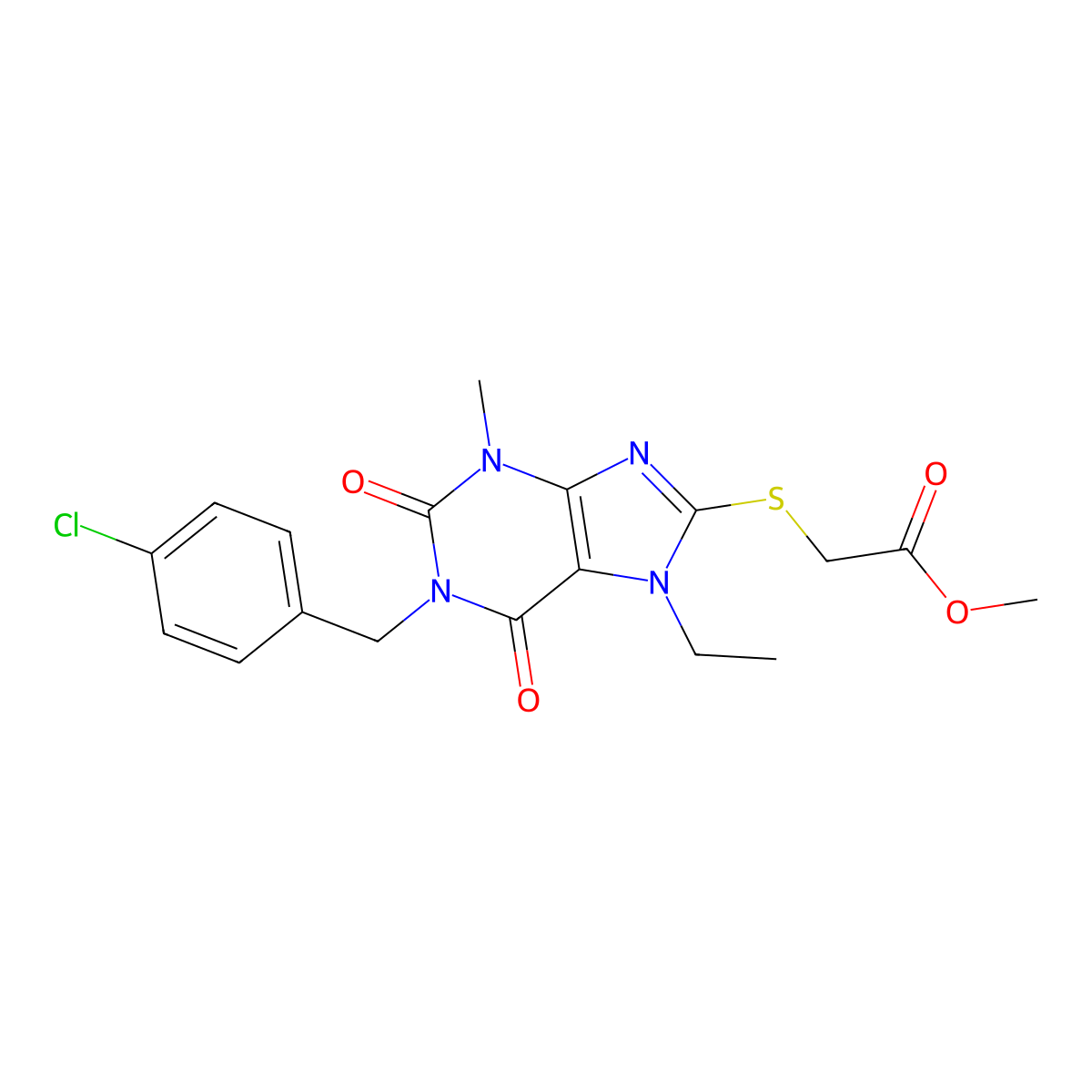 methyl 2-((1-(4-chlorobenzyl)-7-ethyl-3-methyl-2,6-dioxo-2,3,6,7-tetrahydro-1H-purin-8-yl)thio)acetate molecular structure, CAS 1105245-70-2