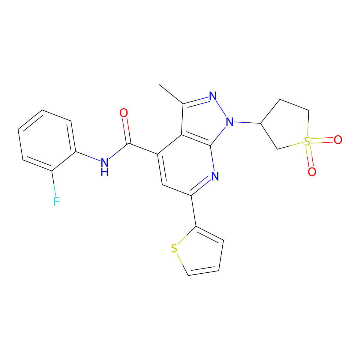 1-(1,1-dioxidotetrahydrothiophen-3-yl)-N-(2-fluorophenyl)-3-methyl-6-(thiophen-2-yl)-1H-pyrazolo[3,4-b]pyridine-4-carboxamide molecular structure, CAS 1105245-71-3
