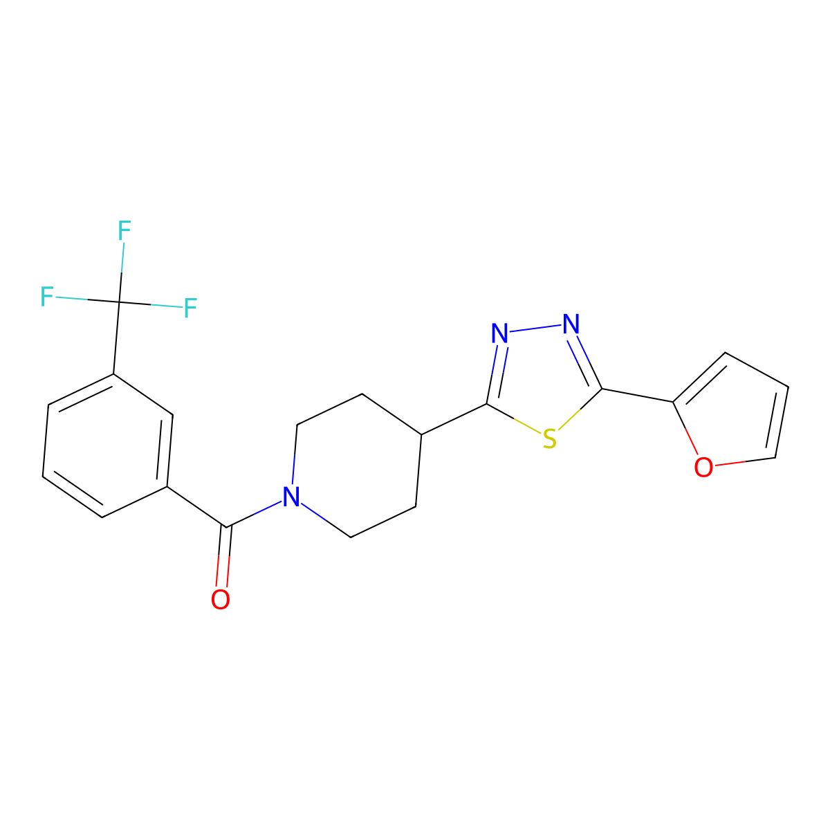 (4-(5-(Furan-2-yl)-1,3,4-thiadiazol-2-yl)piperidin-1-yl)(3-(trifluoromethyl)phenyl)methanone molecular structure, CAS 1105245-75-7