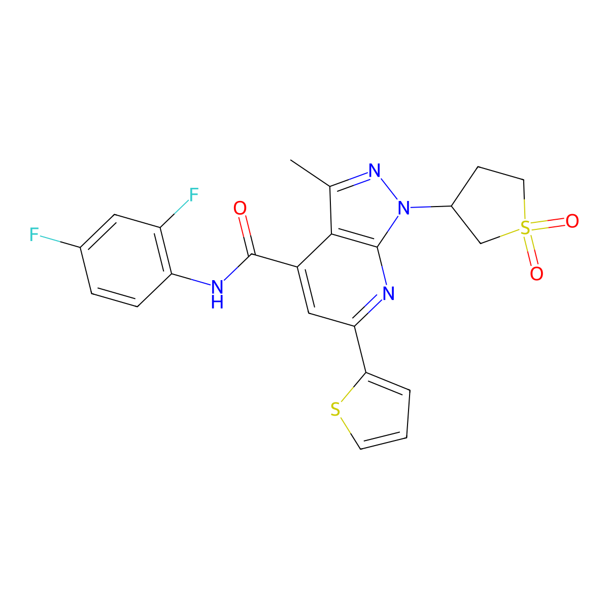 N-(2,4-difluorophenyl)-1-(1,1-dioxidotetrahydrothiophen-3-yl)-3-methyl-6-(thiophen-2-yl)-1H-pyrazolo[3,4-b]pyridine-4-carboxamide molecular structure, CAS 1105245-76-8