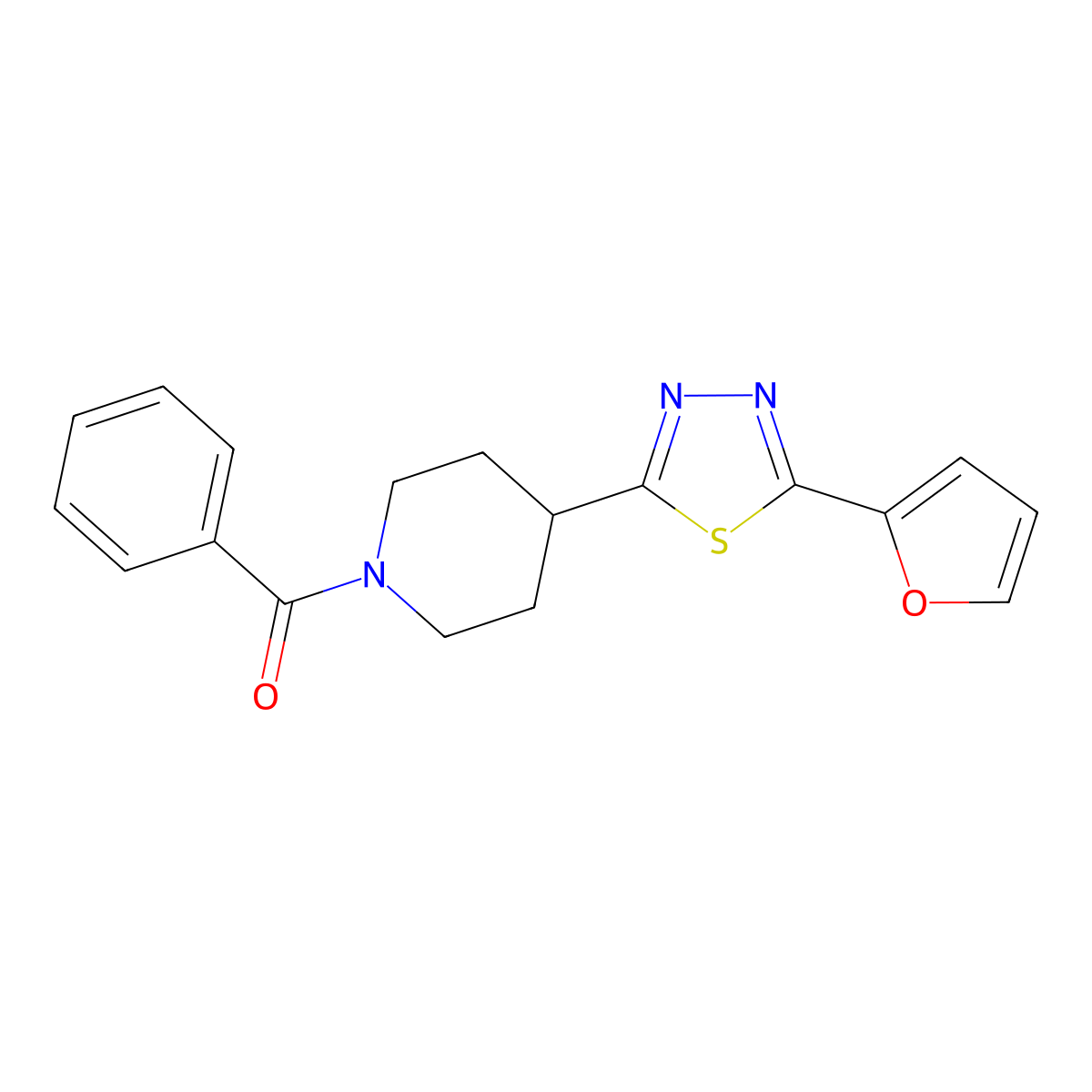 (4-(5-(Furan-2-yl)-1,3,4-thiadiazol-2-yl)piperidin-1-yl)(phenyl)methanone molecular structure, CAS 1105245-80-4