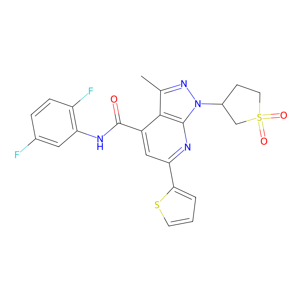 N-(2,5-difluorophenyl)-1-(1,1-dioxidotetrahydrothiophen-3-yl)-3-methyl-6-(thiophen-2-yl)-1H-pyrazolo[3,4-b]pyridine-4-carboxamide molecular structure, CAS 1105245-81-5