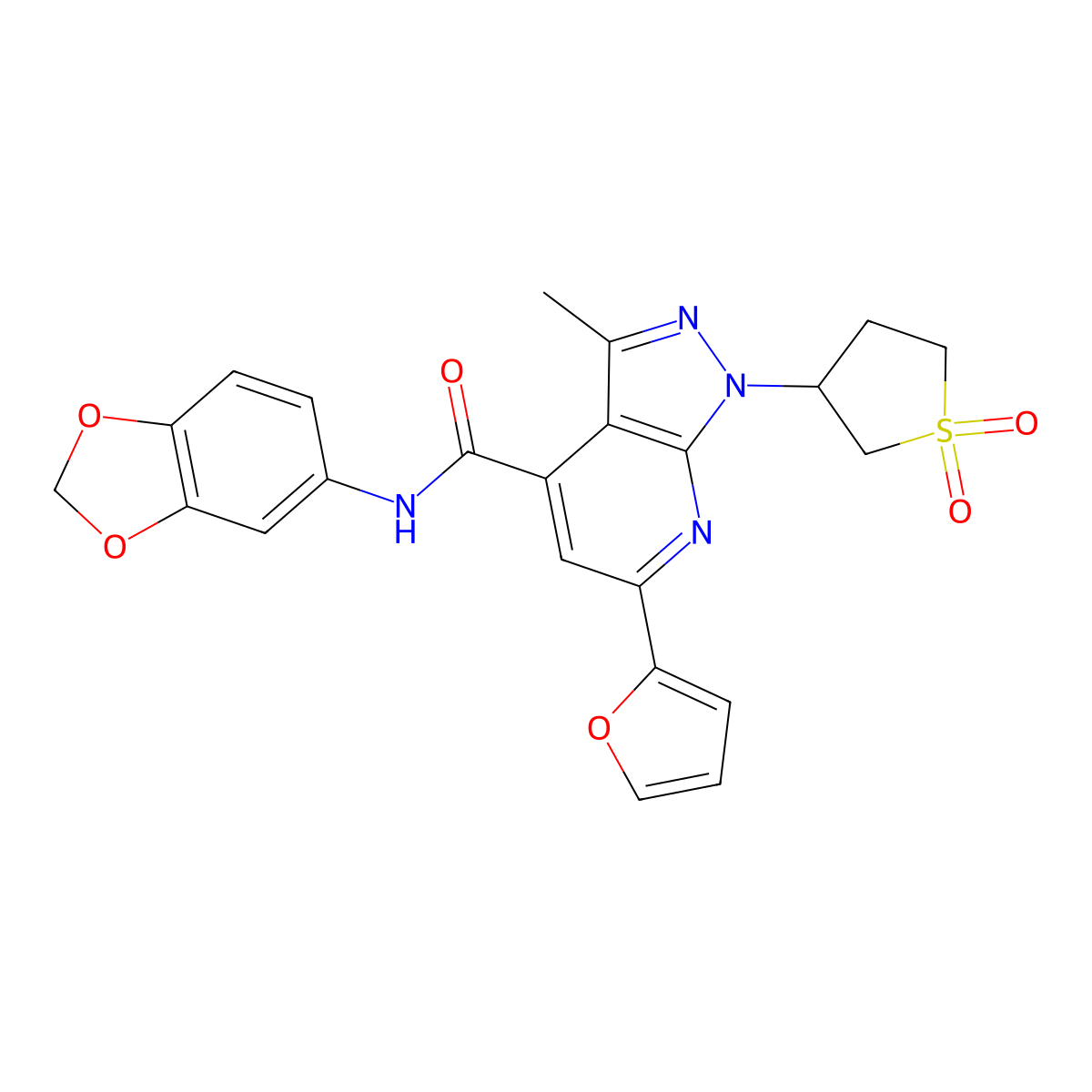 N-(benzo[d][1,3]dioxol-5-yl)-1-(1,1-dioxidotetrahydrothiophen-3-yl)-6-(furan-2-yl)-3-methyl-1H-pyrazolo[3,4-b]pyridine-4-carboxamide molecular structure, CAS 1105245-86-0