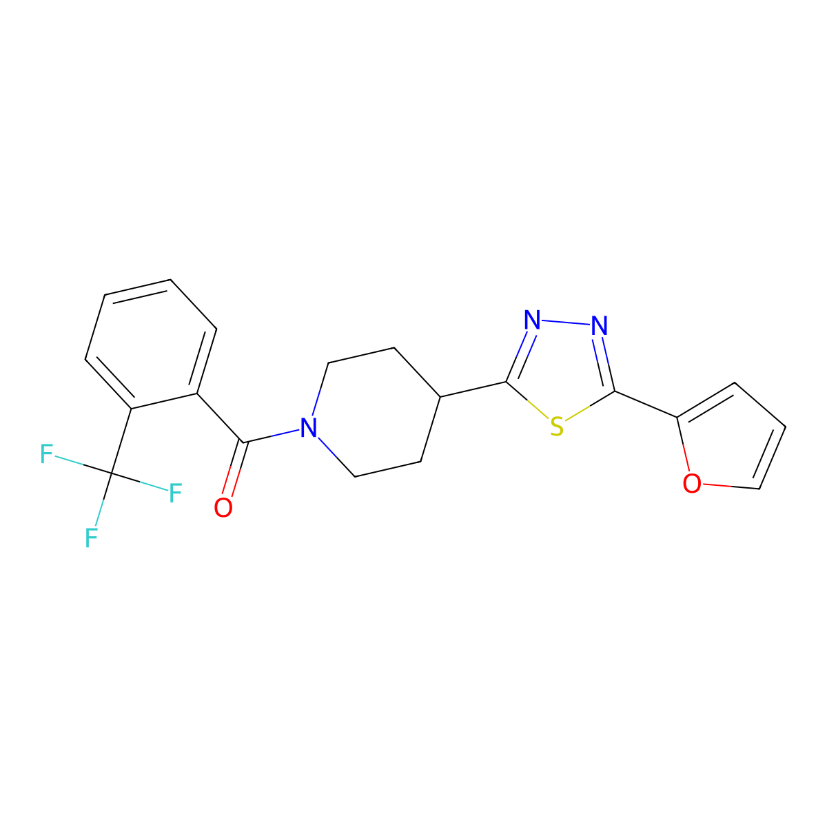 (4-(5-(Furan-2-yl)-1,3,4-thiadiazol-2-yl)piperidin-1-yl)(2-(trifluoromethyl)phenyl)methanone molecular structure, CAS 1105245-90-6