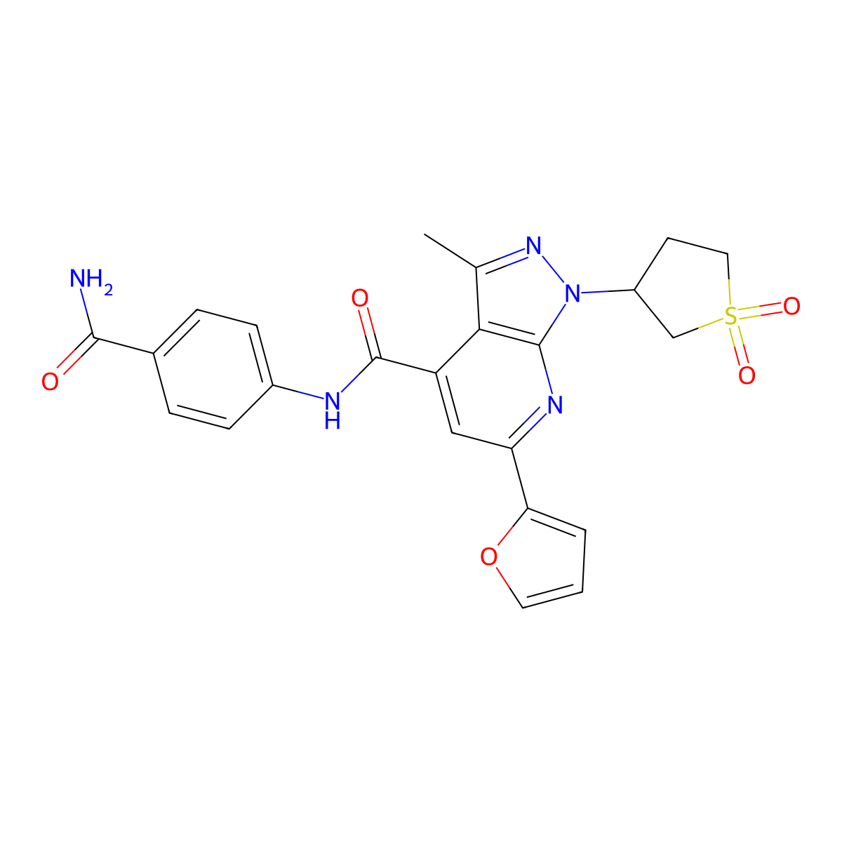 N-(4-carbamoylphenyl)-1-(1,1-dioxidotetrahydrothiophen-3-yl)-6-(furan-2-yl)-3-methyl-1H-pyrazolo[3,4-b]pyridine-4-carboxamide molecular structure, CAS 1105246-01-2