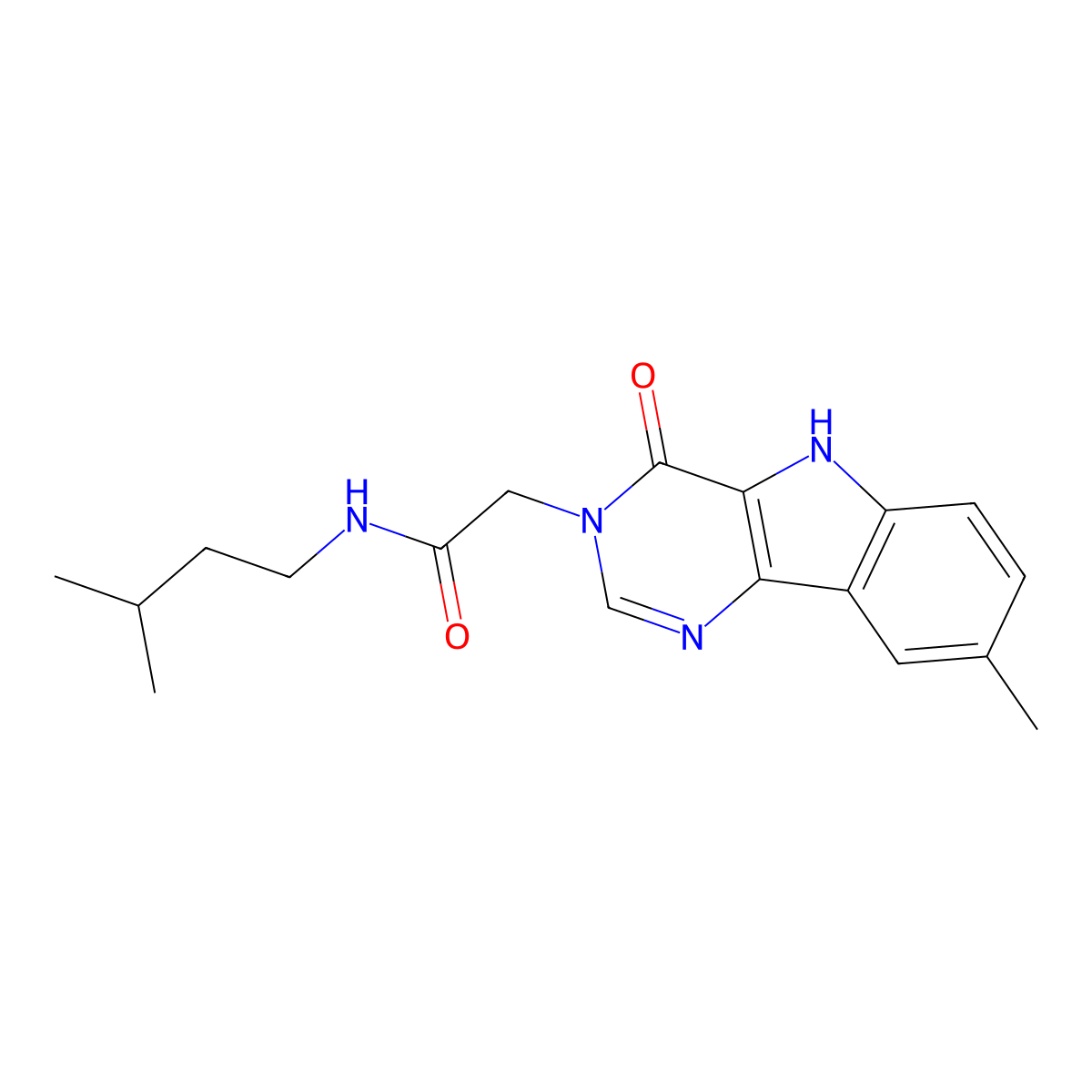 N-isopentyl-2-(8-methyl-4-oxo-4,5-dihydro-3H-pyrimido[5,4-b]indol-3-yl)acetamide molecular structure, CAS 1105246-21-6