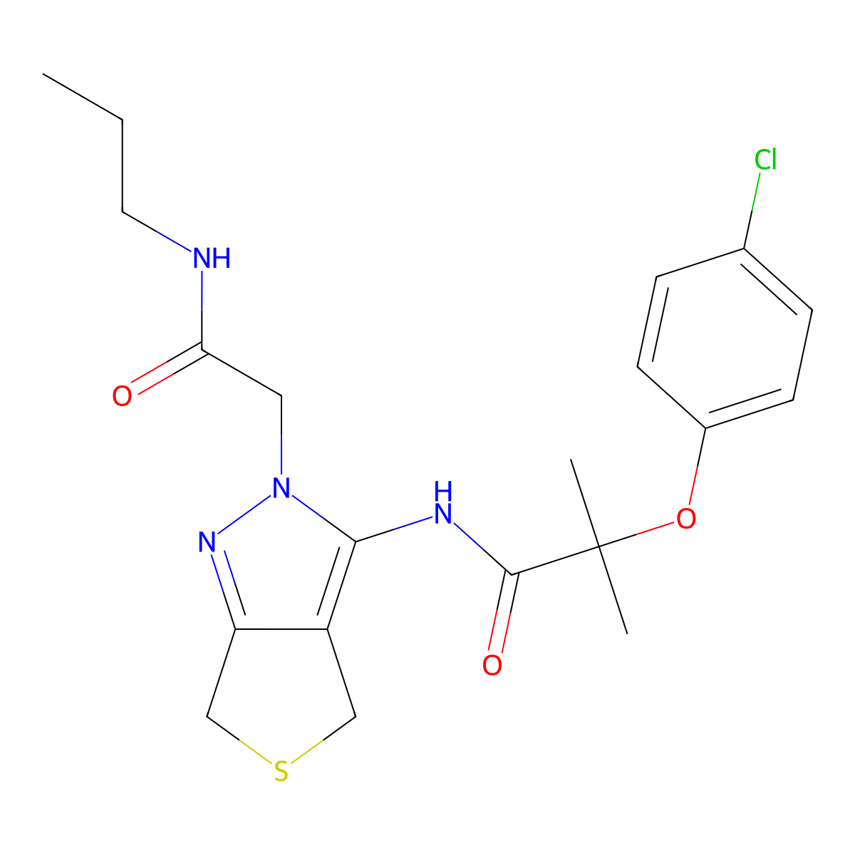 2-(4-chlorophenoxy)-2-methyl-N-(2-(2-oxo-2-(propylamino)ethyl)-4,6-dihydro-2H-thieno[3,4-c]pyrazol-3-yl)propanamide molecular structure, CAS 1105246-35-2