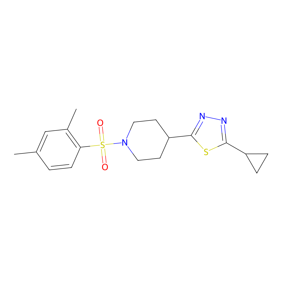 2-Cyclopropyl-5-(1-((2,4-dimethylphenyl)sulfonyl)piperidin-4-yl)-1,3,4-thiadiazole molecular structure, CAS 1105246-44-3
