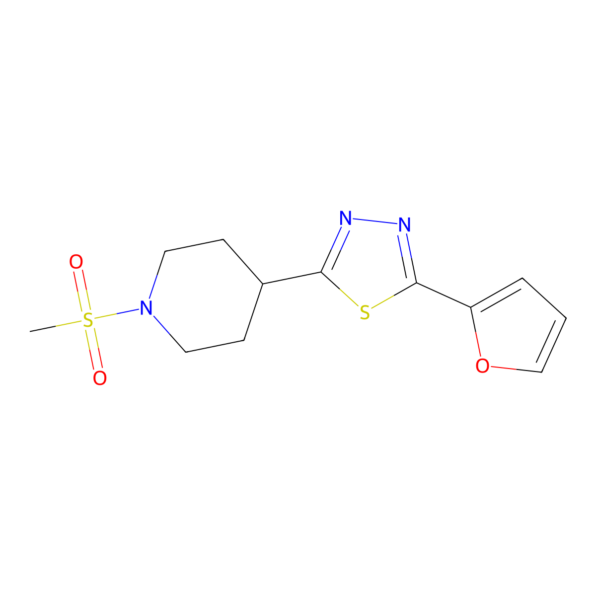 2-(Furan-2-yl)-5-(1-(methylsulfonyl)piperidin-4-yl)-1,3,4-thiadiazole molecular structure, CAS 1105246-50-1