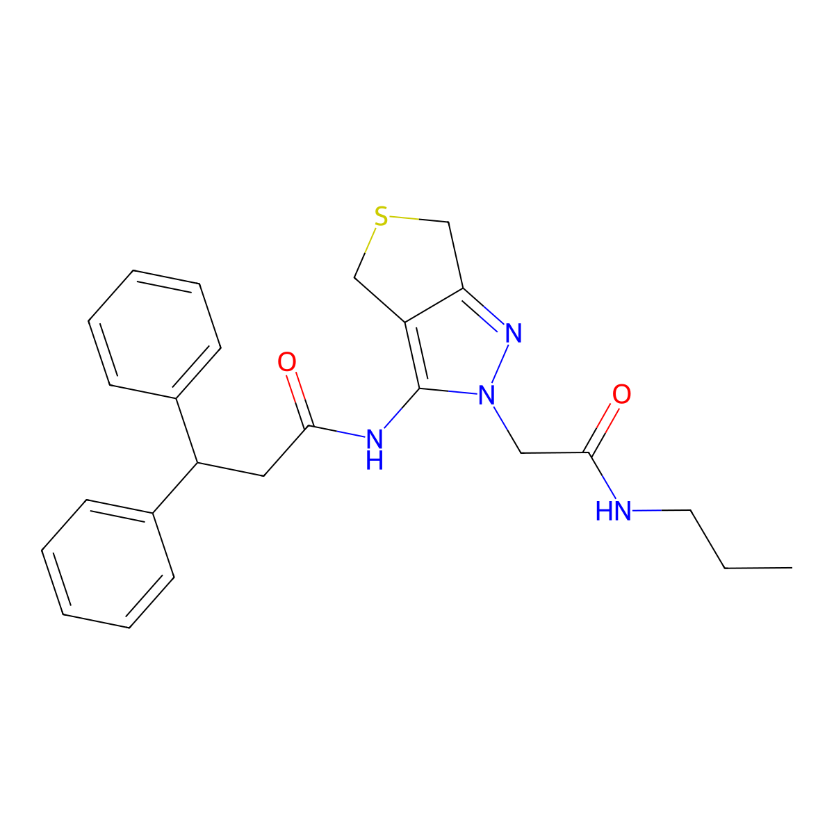 N-(2-(2-oxo-2-(propylamino)ethyl)-4,6-dihydro-2H-thieno[3,4-c]pyrazol-3-yl)-3,3-diphenylpropanamide molecular structure, CAS 1105246-53-4