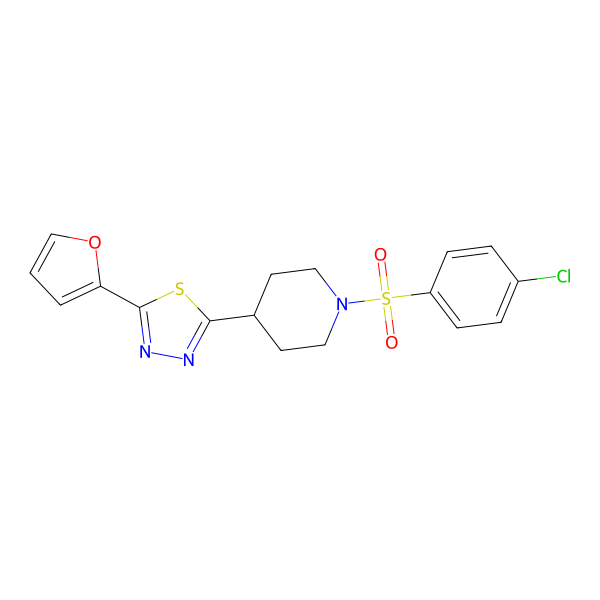 2-(1-((4-Chlorophenyl)sulfonyl)piperidin-4-yl)-5-(furan-2-yl)-1,3,4-thiadiazole molecular structure, CAS 1105246-56-7