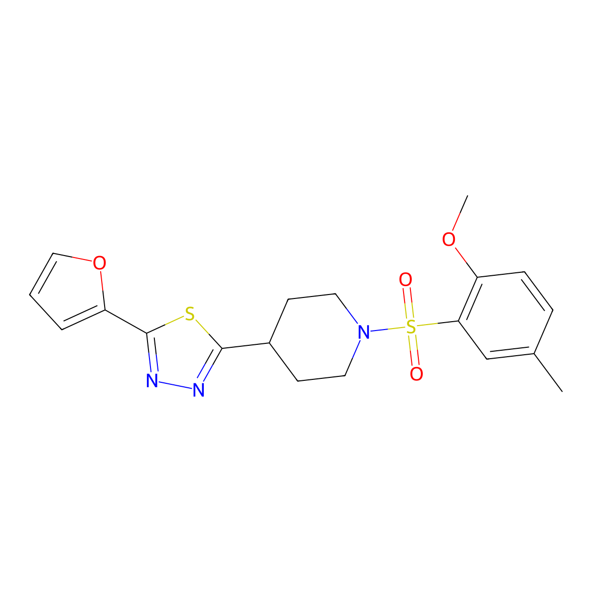 2-(Furan-2-yl)-5-(1-((2-methoxy-5-methylphenyl)sulfonyl)piperidin-4-yl)-1,3,4-thiadiazole molecular structure, CAS 1105246-69-2